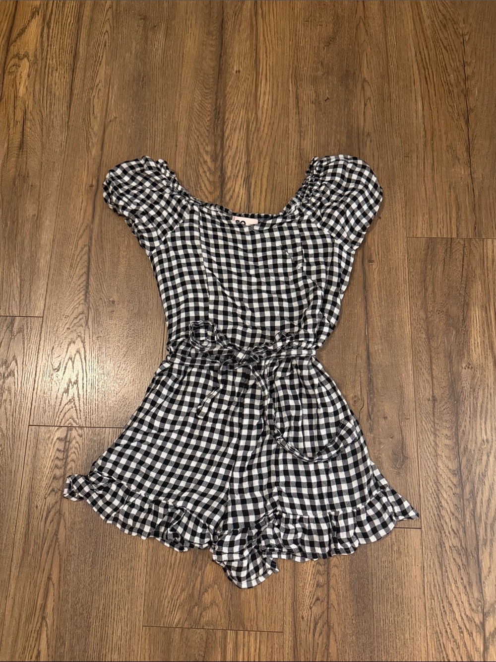 SO Black & White Gingham One-Piece Romper with Waist Tie